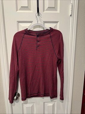 Faherty Burgundy and Blue Striped Henley Long-Sleeve